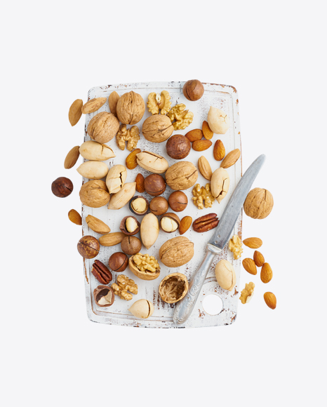 Nuts Mix on Wooden Board w/ Knife PNG