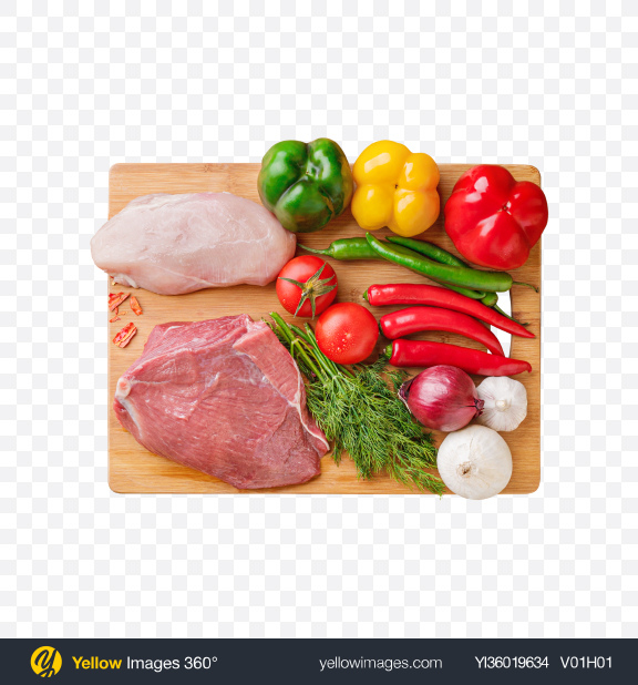 Download Raw Meat Pieces w/ Vegetables on Wooden Board Transparent PNG