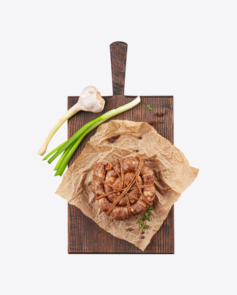 Baked Sausage on Wooden Board