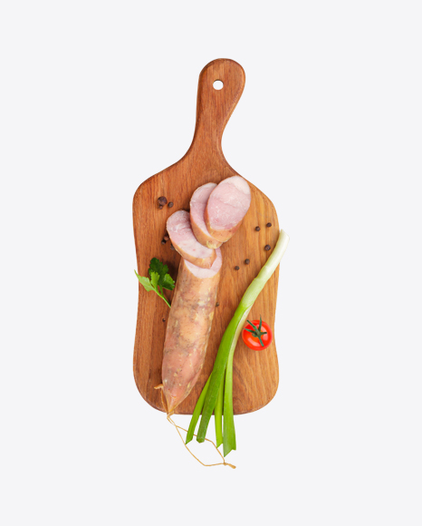 Boiled Sausage on Wooden Board w/ Spices