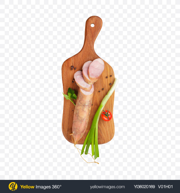 Download Boiled Sausage on Wooden Board w/ Spices Transparent PNG on YELLOW Images