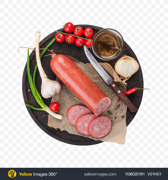 Download Snack Set w/ Sausage on Cutting Board Transparent PNG on YELLOW Images