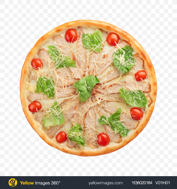 Download Pizza w/ Chicken Fillet Slices, Tomatoes & Parmigiano Transparent PNG on YELLOW Images