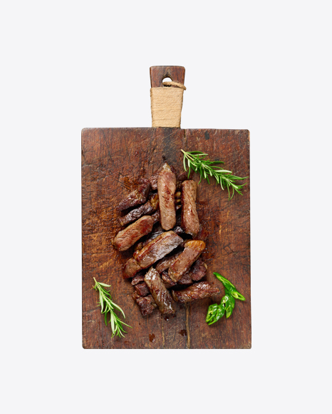 Roasted Meat Slices on Wooden Board w/ Greens PNG
