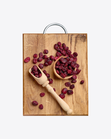 Dried Cranberry on Wooden board w/ Bowl & Scoop PNG
