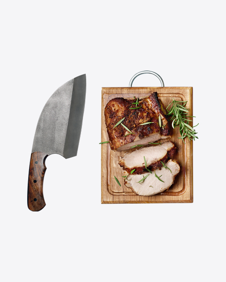 Sliced Baked Meat on Wooden Board w/ Knife PNG