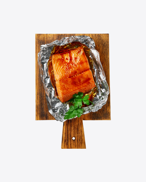 Baked Salmon in Foil on Wooden Board