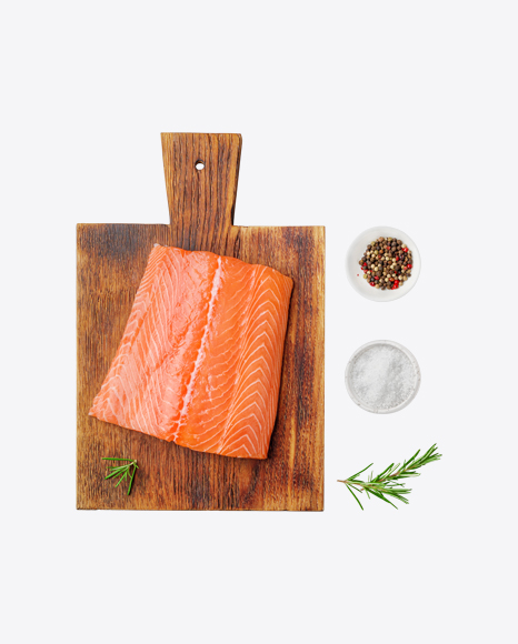 Salmon Slice on Wooden Board w/ Spices