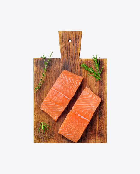 Salmon Slices on Wooden Board w/ Greens