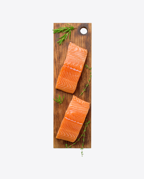 Salmon Slices on Wooden Board w/ Greens