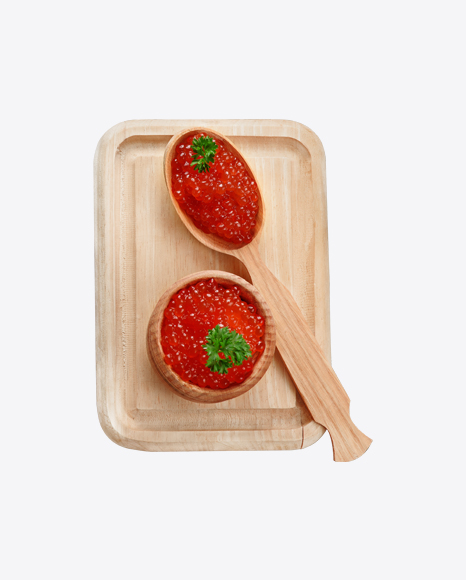 Rad Caviar in Wooden Bowl & Spoon PNG