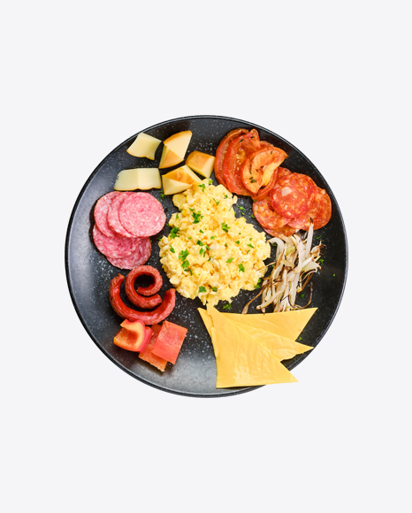 Scrambled Eggs w/ Various Sausages, Cheddar Cheese, Bell Pepper & Roasted Onion
