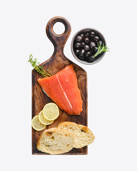 Salmon Fillet on Wooden Board w/ Bread, Olives & Lemon Slices