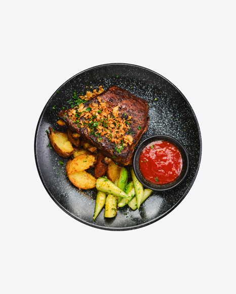 Grilled Pork Ribs w/ Potato Wedges & Cucumber