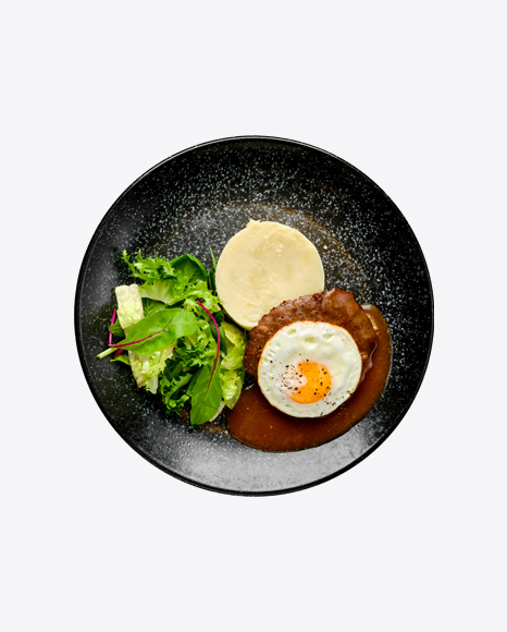 Beef Cutlet w/ Fried Egg, Mashed Potato & Fresh Salad