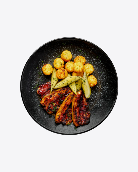 Roasted Pork Belly w/ Potato Balls & Pickled Cucumber