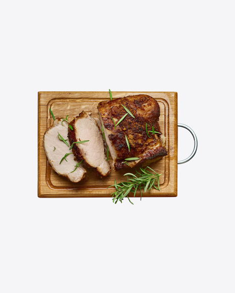 Sliced Baked Meat w/ Spices on Wooden Board PNG