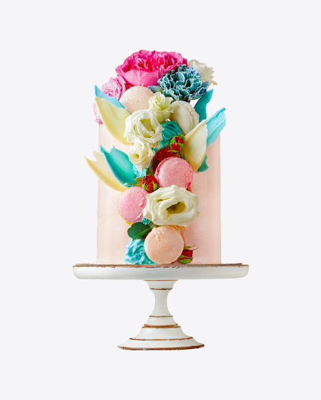 Pink Cake w/ Flowers & Macarons