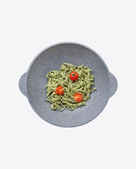 Green Pasta w/ Tomatoes in Wok Pan
