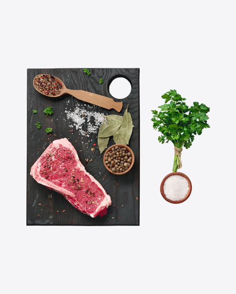 Raw Meat on Wooden Board w/ Spices & Parsley Branch PNG