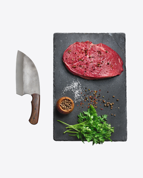 Raw Meat on Wooden Board w/ Knife & Spices PNG