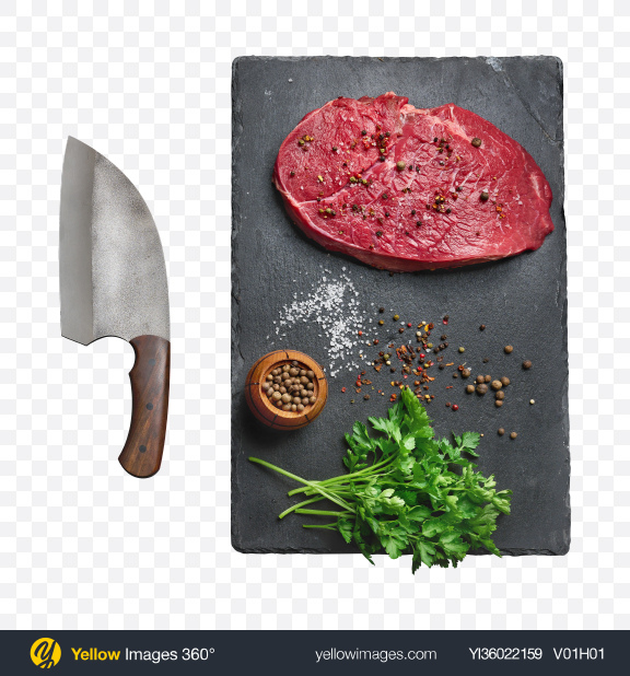 Download Raw Meat on Wooden Board w/ Knife & Spices Transparent PNG on YELLOW Images