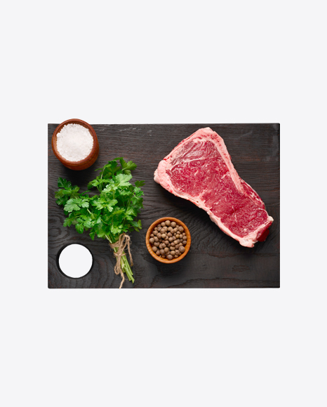 Raw Meat on Wooden Board w/ Parsley & Spices PNG