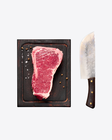 Raw Meat on Wooden Board w/ Knife