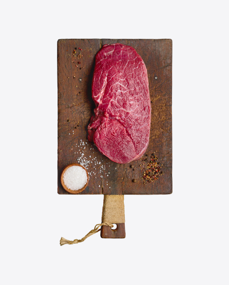 Raw Meat on Wooden Board w/ Spices PNG
