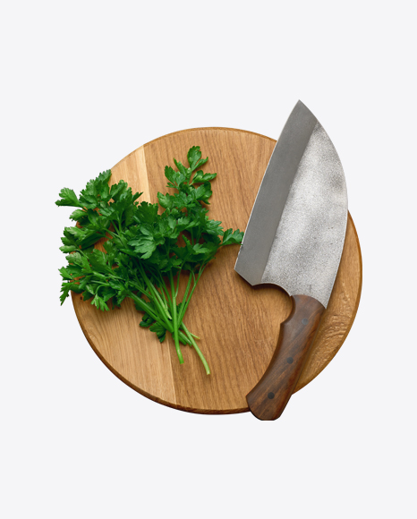 Round Wooden Board w/ Parsley & Knife PNG