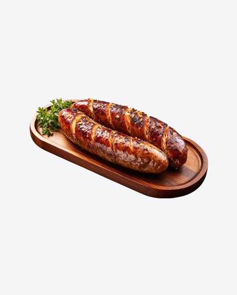 Baked Sausages on Wooden Tray