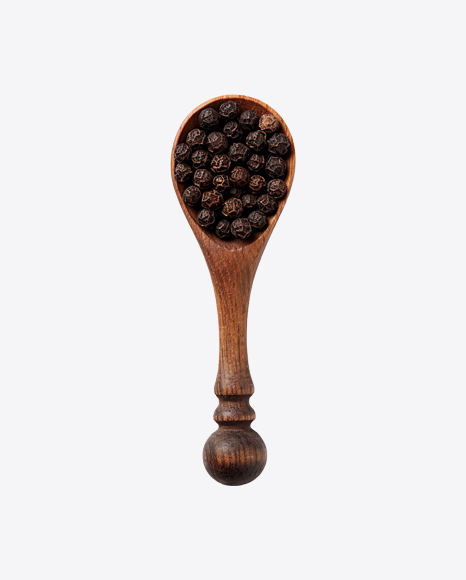 Black Peppercorns in Wooden Spoon