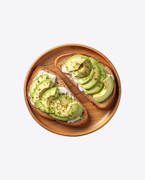 Toasts with Cream Chees & Avocado on Wooden Plate